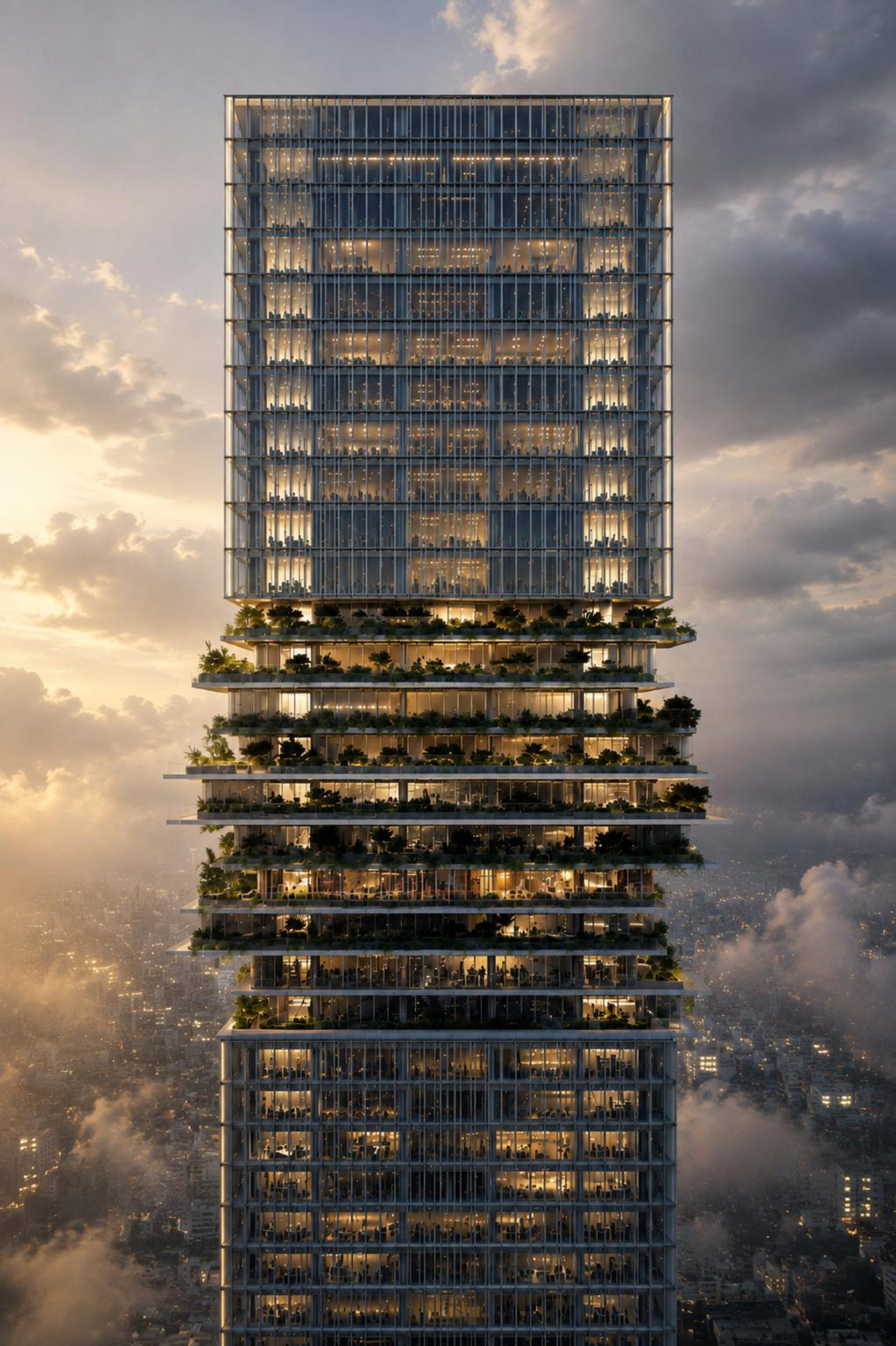 Glass curtain-wall office tower at dusk
